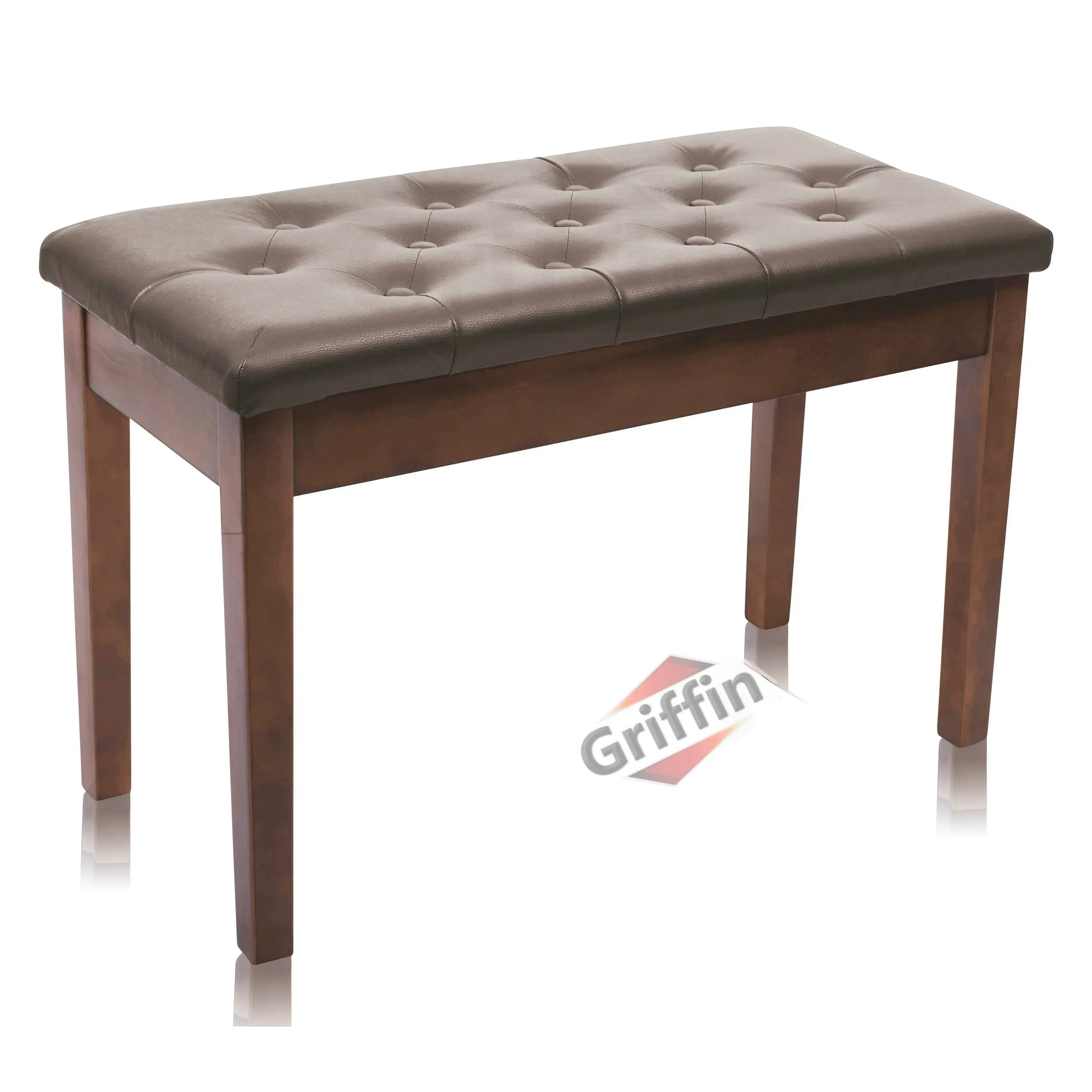 GRIFFIN Brown Wood PU Leather Piano Bench | Double Vintage Design, Ergonomic Chair Musicians Keyboard Stool | Cushion Duet Seat & Sheet Music Storage Space | For Guitar Stool or Home Vanity Bench
