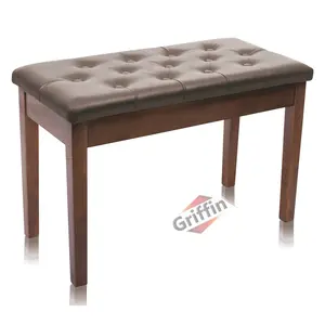 GRIFFIN Brown Wood PU Leather Piano Bench | Double Vintage Design, Ergonomic Chair Musicians Keyboard Stool | Cushion Duet Seat & Sheet Music Storage Space | For Guitar Stool or Home Vanity Bench