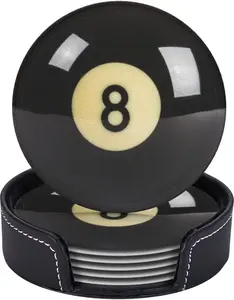 Black 8 Billiard Coasters for Drinks with Holder Round Leather Coasters Set of 6 Cups Mugs Mat Pad for Home Kitchen Bar