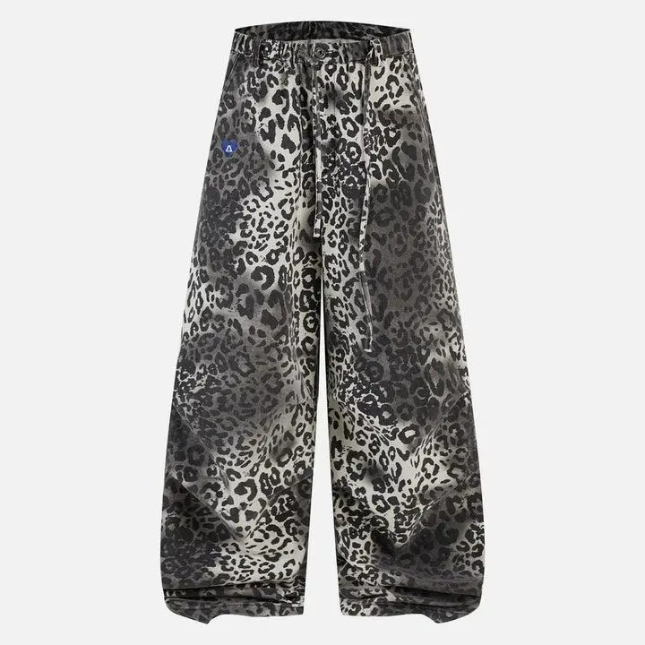 Aelfric Eden Leopard Baggy Barrel Jeans High Waist Balloon Barrel Silhouette Gradient Leopard Print Design Embellishment Adjustable Drawstring Waist Soft Drapey Denim Fabric Retro Streetwear Unisex Bottoms
