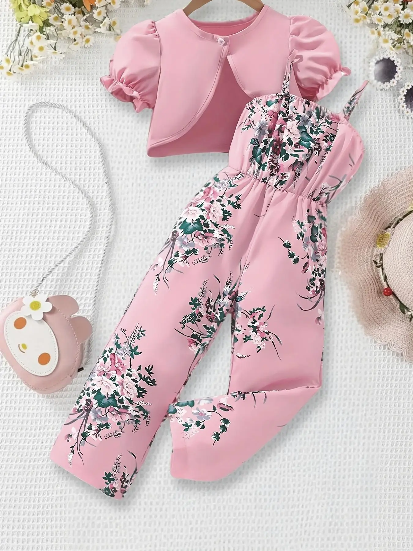 Toddler Girl's Solid Color Crop Top & Floral Print Jumpsuits Two-Piece Set, Casual Top & Jumpsuits for Summer, Kids Clothes for Daily Wear