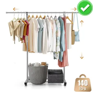 Mobile clothes drying rack with wheels and shelves.
