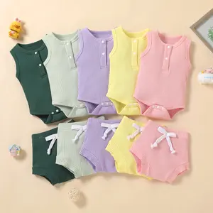 Toddler Kids Little Boy Girl Summer Clothes Round Neck Sleeveless Button up Ribbed Romper and Elastic High Waist Drawstring Shorts
