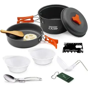 Camping Cookware Mess Kit Set with Stove - Backpacking Camping Pots and Pans Set All in One Non-Stick Camping Cooking Set Portab