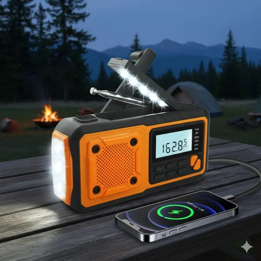 Multi-Function Emergency Power Bank: Solar & Hand Crank Charger, 4000mAh Portable Charger, AM/FM Radio, LED Flashlight with SOS, USB Charging for Camping, Survival Gear & Outdoor Adventures, Solar Battery Powered