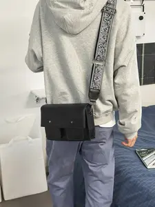 Workwear Style Messenger Bag, Vintage Embroidered Wide Strap Crossbody, Unisex Multi-Pocket Shoulder Bag, Trendy Camera Bag