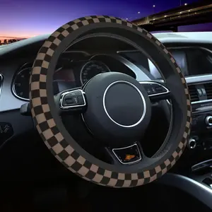 Black Brown Checkered Steering Wheel Cover Universal 15 Inch, Non Slip Durable Auto  Accessories