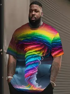 Men's Plus Size 3D Tie-Dye Spiral Rainbow Striped Mushroom Cloud Printed T-Shirt, Short Sleeve, Casual Sportswear, Breathable, Athletic Fashion Activewear, Workout T Shirt