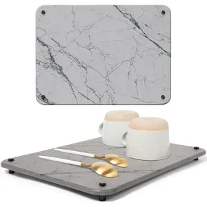 Diatomite Stone Drying Mat for Kitchen Counter - Rapid  Removal - 15.7" x 11.8" Large Dish Drying Stone for Kitchen Sink - Diatomaceous Earth Quick Dry Dish Mat - Gray Marble