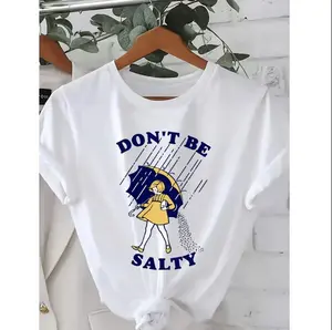 Women's "Don't Be Salty" Graphic TShirt Soft 100%25 Cotton Short Sleeve, Black with Blue Print, Rainy Day Design, Comfortable Casual Pullover for Spring and Summer whimsy  tee Top Womenswear Breathable Customized