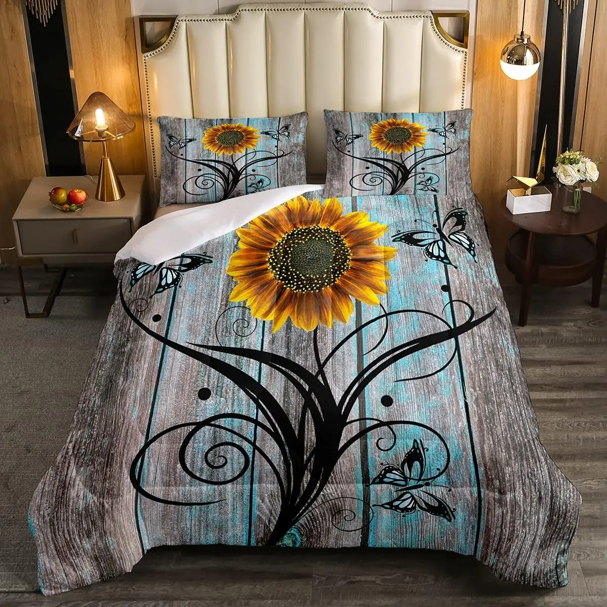 Feelyou Microfiber Breathable Duvet Set - Yellow Sunflower, Butterfly, Rustic Farmhouse Retro Floral Design, Multi-Size, Travel-Friendly, Breathable Quilt Set, Household Bedding Solution, Household Bedding Set