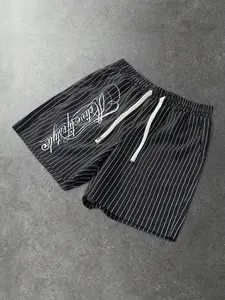 Y2K Aesthetic Striped Basketball Shorts with Adjustable Contrast Drawstring | Gothic Script Calligraphy Graphic Sweatshorts for Gym & Street Style | Premium High Street Fashion Loose Fit Shorts, Graphic Fitness Shorts