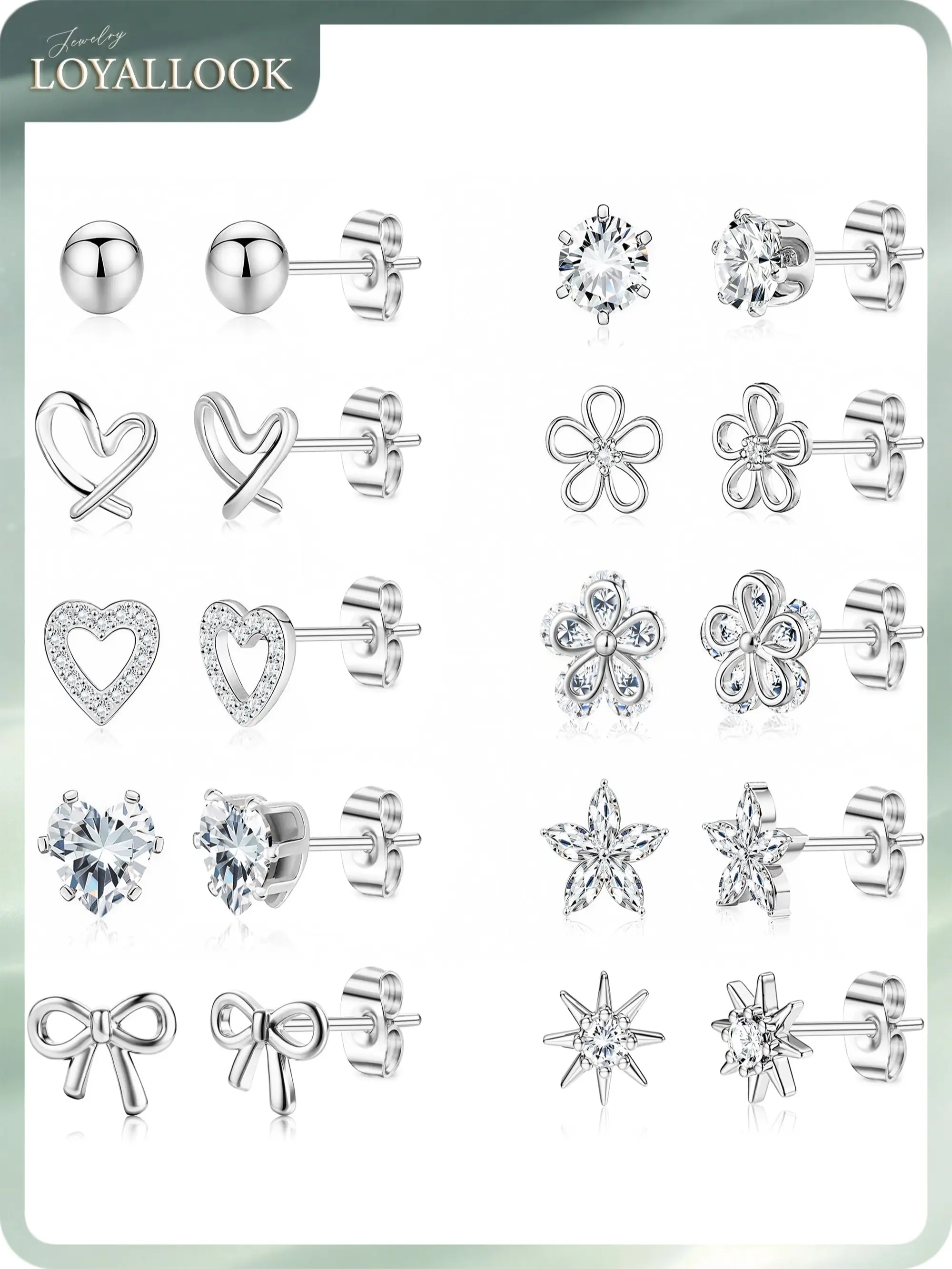LOYALLOOK Stud Earrings for Women Hypoallergenic, 14K Gold Plated Surgical Steel Earrings for Sensitive Ears Women Dainty Small Heart Flower Bow Earrings for Jewelry Gift