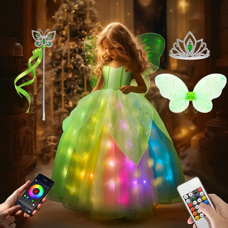 UPORPOR Girls' Light-Up Green Princess Costume with 100+ LED Modes, Music Sync Accessories, Age-Tagged for 3y-9y (5-6y,7-8y), All Season Halloween Cosplay Gear, LED Lights, Costume Ideas (Batteries Not Included), 3 - 4 Years, Ages 3-9
