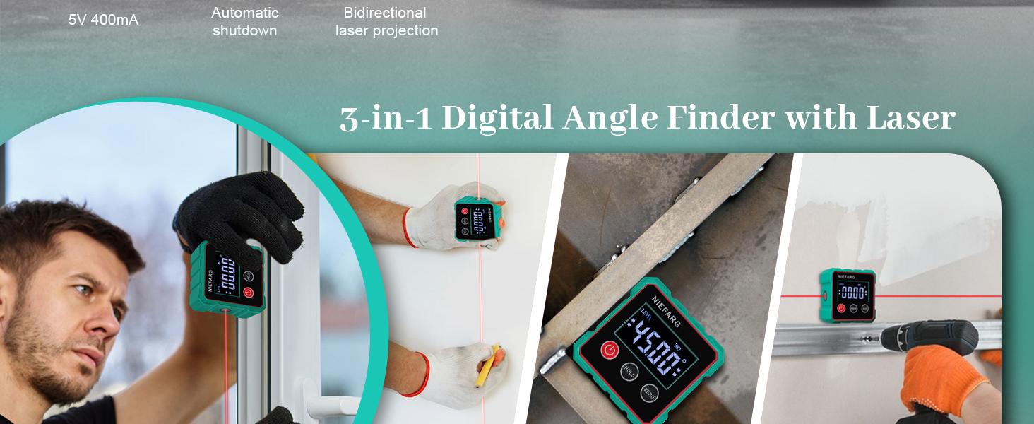 Magnetic Digital Angle Finder with Dual Laser Guide & 360° Magnetic Attachment Rechargeable Angle Meter for Woodworking Construction and Machinery