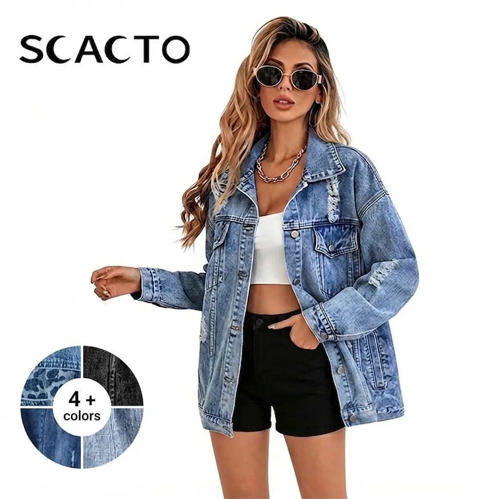 Scacto Vintage Distressed Denim Jackets for Women Summer Jacket Ripped Fringe Jean Jacket Casual Sleeve Pockets Jackets Coat Fabric Fashion Womenswear Soft button jacket All Season Outerwear Oversize