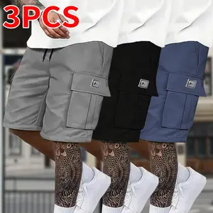 Men's Casual Cargo Shorts, 3-Pack, Black, Relaxed Fit with Functional Pockets, Solid Color, Mid-Rise, Suitable for Casual Wear and Sports, Casual Wear Shorts | Stylish Appearance | Durable Fabric with Twill Pocket Design