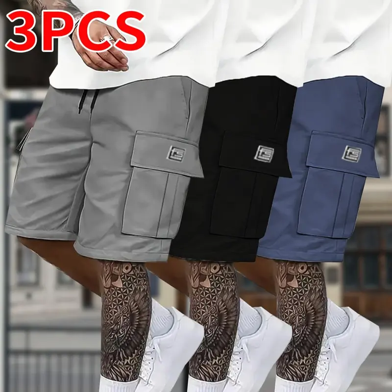 Men's 3-Pack Relaxed Mid-Rise Mid-Length Low Loose Baggy Cargo Shorts, Black Solid Color, Durable Chic Twill Fabric, Functional Side Pockets, Suitable for Casual Wear, Activewear, Side Pocket Men's Shorts