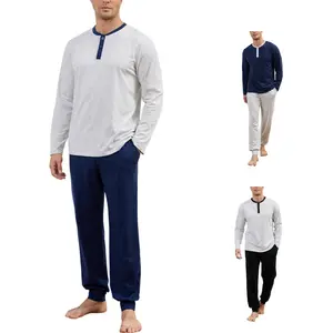 Gihuo Men's Pajama Set Soft Cotton Henley Neckline Sleepwear Long Sleeve 2 Piece Lounge Set with Pockets