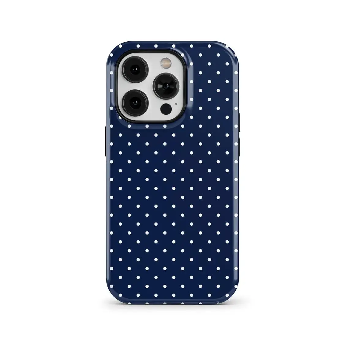 Dark blue background with white polka dot pattern, durable, shock-absorbing two-in-one large hole mobile phone case, suitable for iPhone 16 15 14 13 12 11 and other series models, can be given as a gift to friends or family