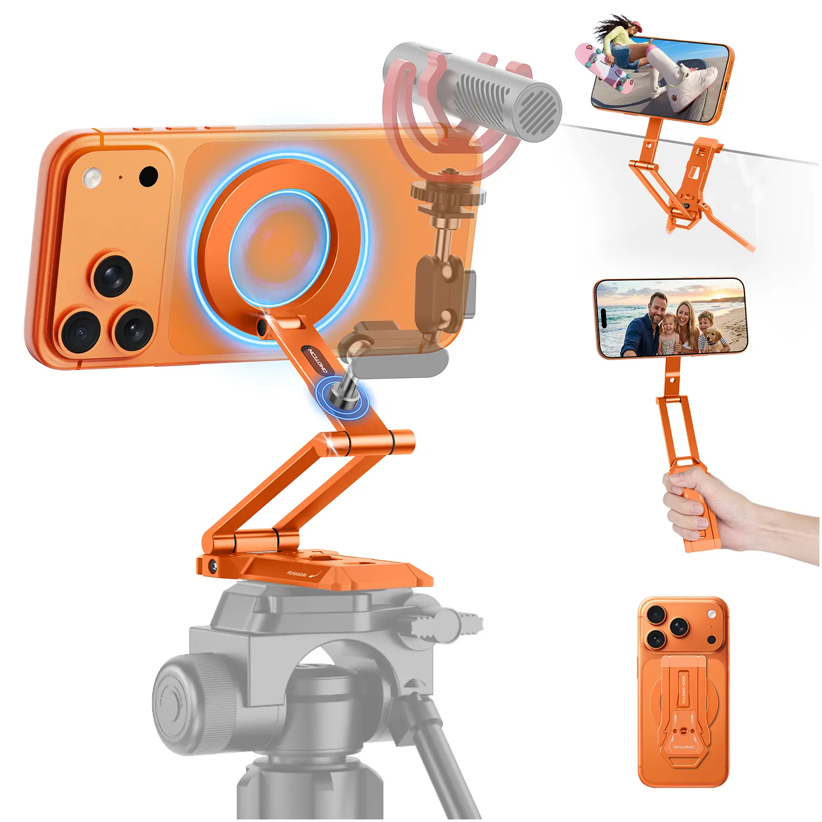 OMOTON TP06-E [3-Adjust] Sturdy Magnetic Phone Tripod for iPhone 17 Pro Max | Aluminium Phone Stand for MagSafe with Hook 1/4" Screw& Arca, Travel Essentials Gift for Vlog, Creators, Live, Orange
