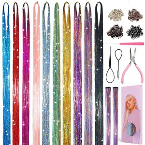 Hair Tinsel 10 Colors 3200 Strands 48in with Tools Fairy Tinsel Hair Extensions Kit Heat Heat Resistant Fairy Hair For Party For Girls & Women
