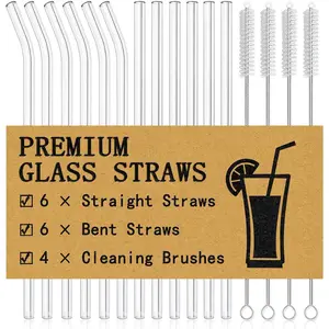 (R) 16-Pack  Glass Straws Set, Clear Glass Drinking Straws, 8.5''x10MM, Set of 6 Straight and 6 Bent with 4 Cleaning Brushes,  for Smoothies, Milkshakes, Juice,