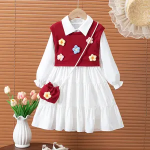 Pretty Little Girl's Tiered Ruffle Dress & Matching Jacket Set Age 4-7 White Floral Print Strap Dress with Round Buckle Belt & Long Sleeve Collared Crop Top for Young Girls