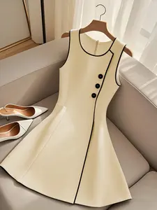 Elegant Sleeveless Color Block Patchwork Waist Cinching Summer Midi Dress, Single Button Front, Long Casual Women's Fashion Statement