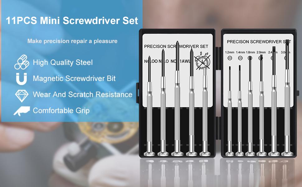 11 Pcs Small Precision Screwdriver Set, Tiny Screwdriver Set, Mini Screw Driver Kit with Slotted and Phillips Heads, Ideal for Watch, Eyeglasses, Toys, Electronics, Computer Repair