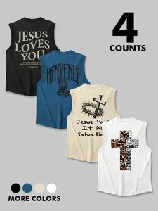Men's Christian Faith & Bible Verse Graphic Round Neck Tank Top, 4-Pack Regular Fit Fitted Casual Workout Sleeveless Crew Neck Vest for Summer Daily & Outdoor Wear
