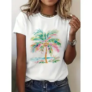 Women'S Colored Palm Tree T-Shirt - Vivid White Women'S T-Shirt - Short Sleeve Slim Fit Casual T-Shirt with Green, Pink And Blue Leaves with Artistic Botanical Design And Water Elements| Perfect for Casual Outings And Beach Days