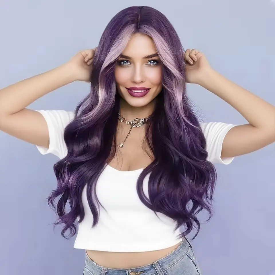 26" Long Wavy Lavender Purple Wig with Money Piece Highlights - Premium Synthetic Hair Long Wavy Wigs Halloween