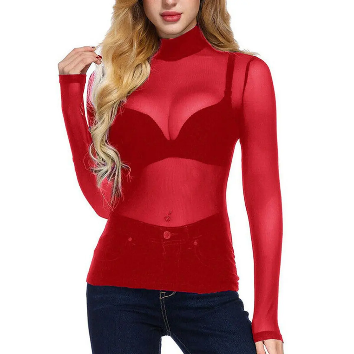 Women's Versatile Polyester Long Sleeve Mesh Blouse - Sheer, Slim-Fit, Turtleneck, See-Through, Sexy Top (long tops women), effortless layering, chic everyday, refined casual, versatile piece