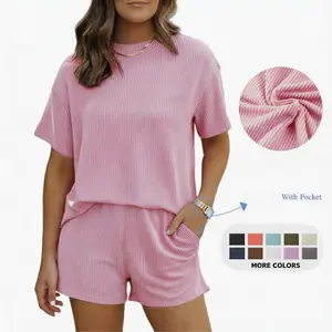 Summer Women's 2 Piece Sets Ribbed Textured Knit Short Sleeve Top and Shorts Set  Casual  Loungewear Shorts Sets tiktokshopspringglowup