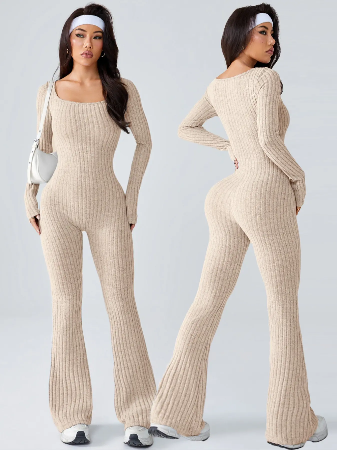 Seamless Knitted Yoga Activewear Stretchy Jumpsuit for Women, U-Neck Long Sleeve, Slim Fit Short Leggings, Casual Fashion Clothing for All Seasons