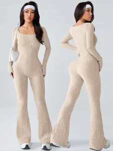 Women's Solid Color Sporty Comfy Jumpsuit, Seamless Knitted Yoga, U-Neck Long Sleeve Slim Fit, Casual Fashion Clothing for All Seasons