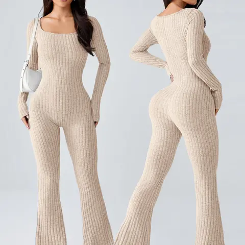 Seamless Knitted Yoga Activewear Stretchy Jumpsuit for Women, Yoga Workout Jumpsuits, U-Neck Long Sleeve, Slim Fit Short Leggings, Casual Fashion Clothing for All Seasons