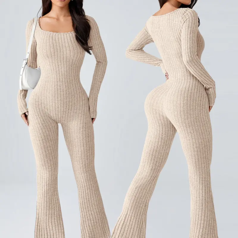 Seamless Knitted Yoga Activewear Stretchy Jumpsuit for Women, Yoga Workout Jumpsuits, U-Neck Long Sleeve, Slim Fit Short Leggings, Casual Fashion Clothing for All Seasons