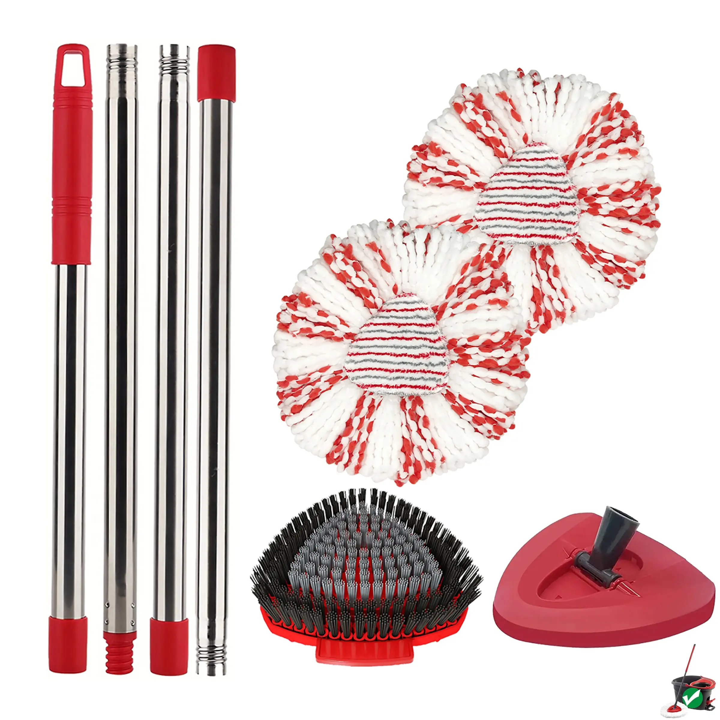 Rotating Mop Head, Base, And Handle Replacement Is Compatible with Vileda/O-Cedar Easywring 1-Tank System, Including 2 Microfiber Refills, Mop Replacement Heads, a Handle That Extends from 30 to 58 Inches, And a Mop Scrub Brush Head, Mop Replacement Set