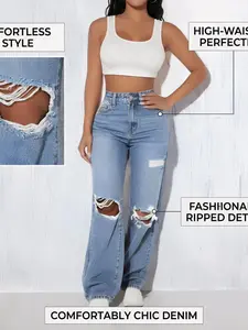 Women's Light Blue Distressed Ripped Knee Wide Leg Loose Casual Jeans Summer High Waist Loose Fit Straight Long Pants, Comfortable and Stylish Denim Trousers, Denim Clothing, Womenswear