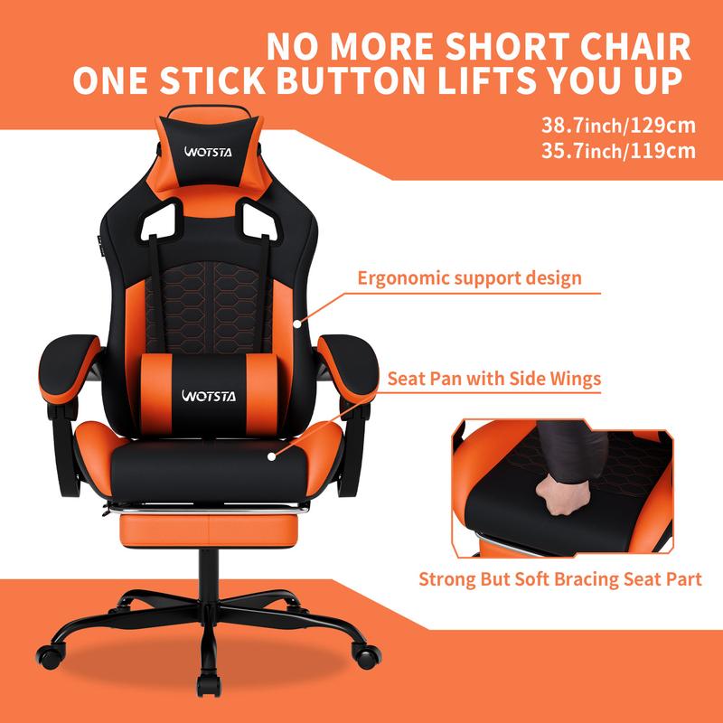 WOTSTA Gaming Chair with Footrest, Ergonomic Computer Chair, PU Breathable Material with Headrest and Lumbar Support, Suitable for Silla Gamer and Adults (Grey)