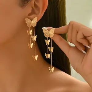Elegant and beautiful women's dangle earrings, vintage geometric large and small butterflies DDES0382, double-line tassel long unique design earrings, 14KGold-Plated