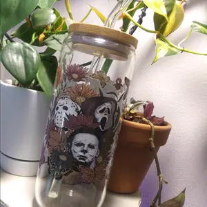 20oz. Glass/lid/straw Jason Michael Ghostface floral