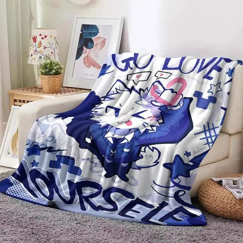 Furry Graffiti Flannel Throw Blanket - White Cat & Navy Blue Street Cartoon Wolf Design, Light White Dot Background, Heart Speech Bubble, Soft Fleece, Kawaii Otaku Bedroom Decor, All-Season Gift