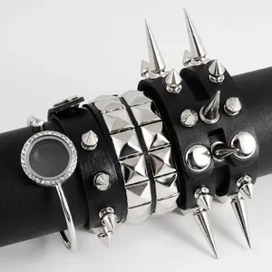 1Pc Punk Goth Rock Cuspidal Spikes Rivet Cone Stud Leather Cuff Bracelet For Men Hip Hop Women Chunky Wristband Pulseras Jewelry