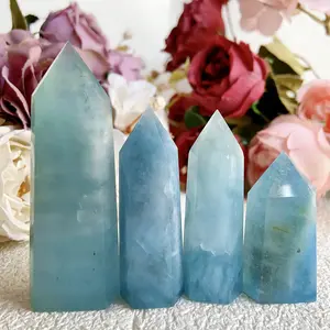 Aquamarine  Crystal Dot Tower 6 Edge-shaped Point Wand Healing Energy  Gem Home Decor Crystal