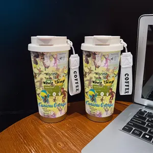 Coffee Cup 530ML Insulated Travel Mug, Vacuum Insulated Tumbler, Curious George Monkey Banana Music Pattern, Dual Layer Leakproof Handle, Art Lover Gift