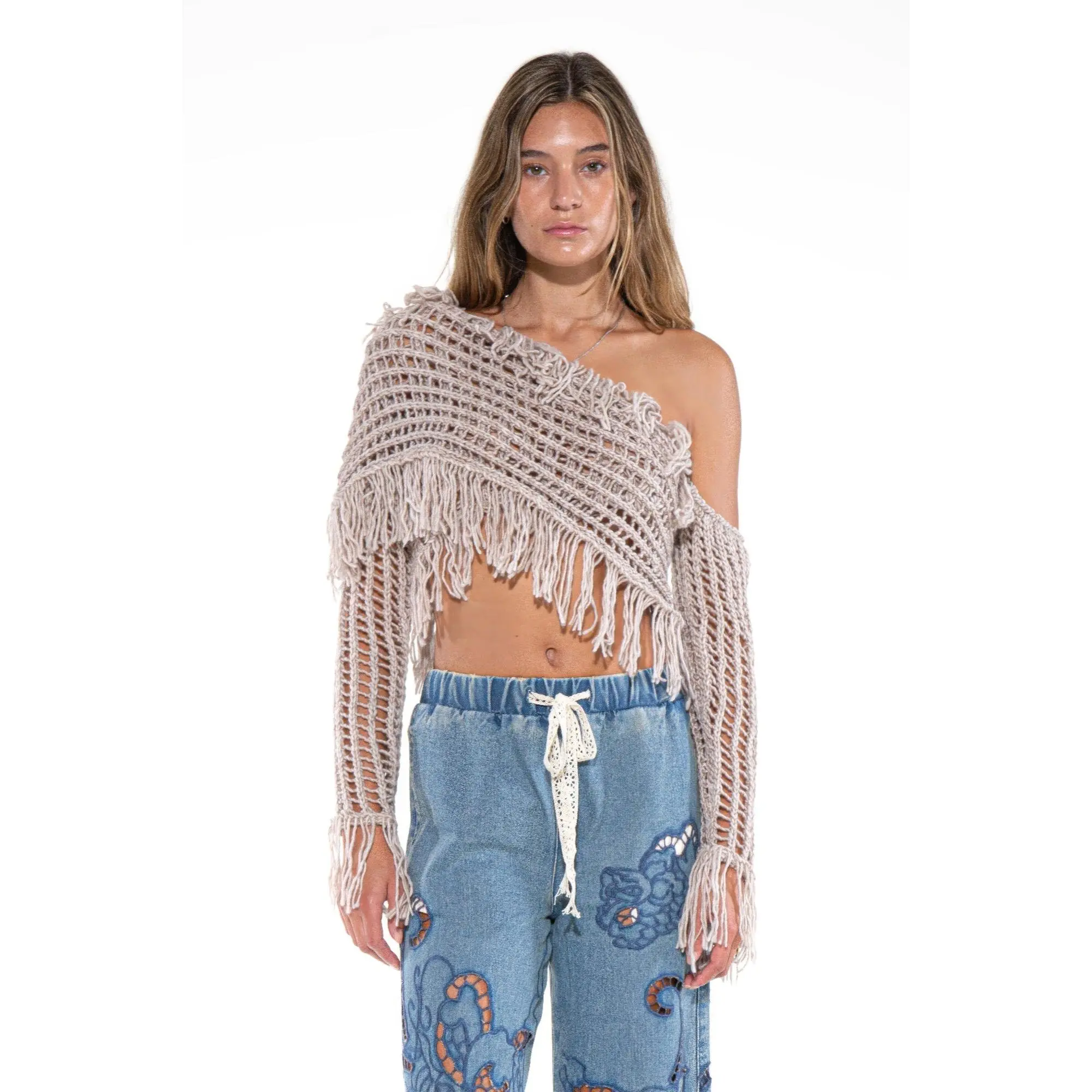 Women's Knit 1-Shoulder Macramé Fringe Long-Sleeve Crop Top, Long Sleeves