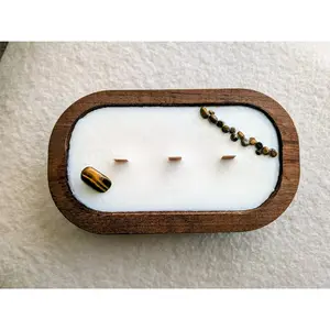 Mahogany Teakwood Dough Bowl Candle | Tiger's Eye Crystal, Wood Wick